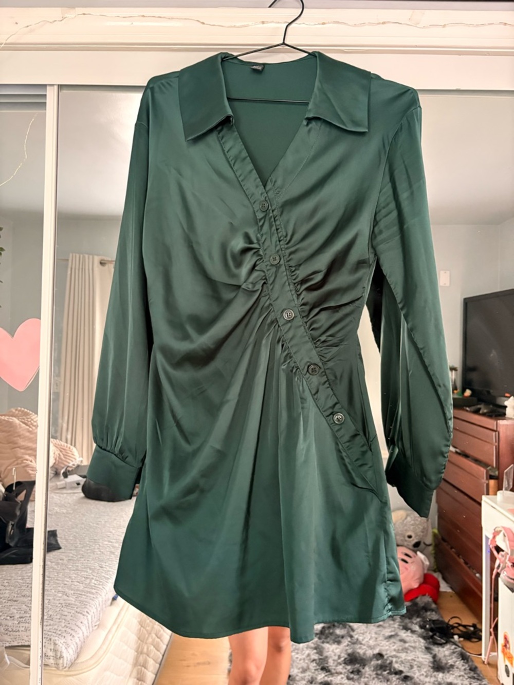 SHEIN Dark Green Satin Button-Accent Dress